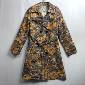 Isaac Mizrahi Brown and Blue Trench Coat with Artistic Pattern